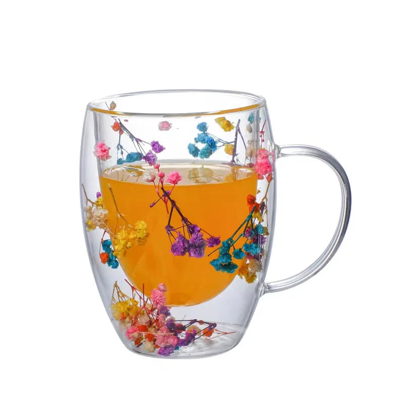 Floral Essence Double-Wall Coffee Mug – Clear Glass Elegance