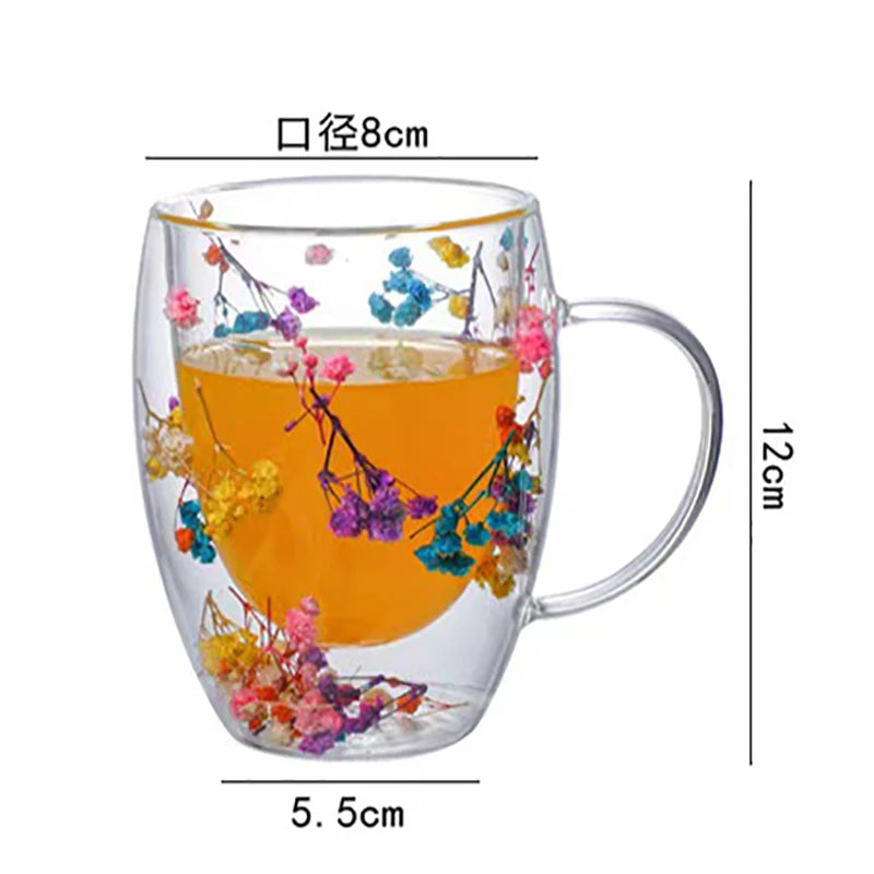 Floral Essence Double-Wall Coffee Mug – Clear Glass Elegance