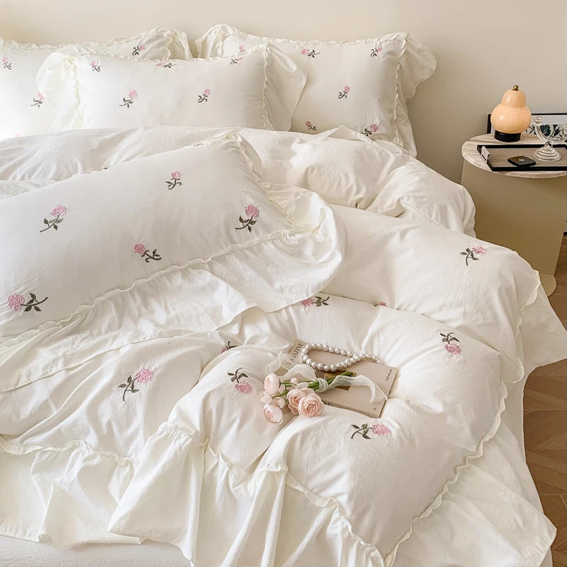 Rose Embroidered Lace Duvet Cover Set