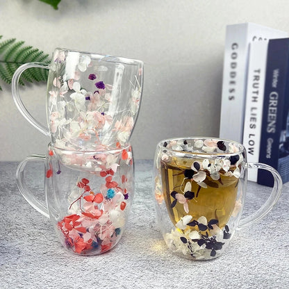 Floral Essence Double-Wall Coffee Mug – Clear Glass Elegance