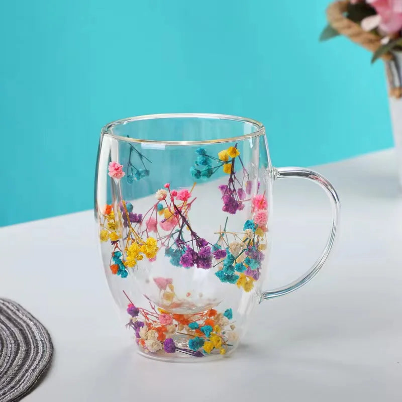 Floral Essence Double-Wall Coffee Mug – Clear Glass Elegance