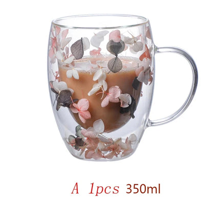 Floral Essence Double-Wall Coffee Mug – Clear Glass Elegance