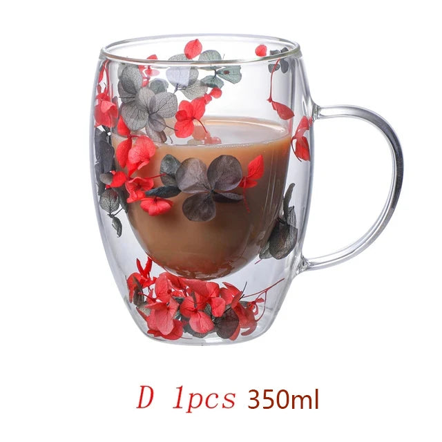 Floral Essence Double-Wall Coffee Mug – Clear Glass Elegance