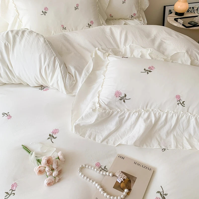 Rose Embroidered Lace Duvet Cover Set