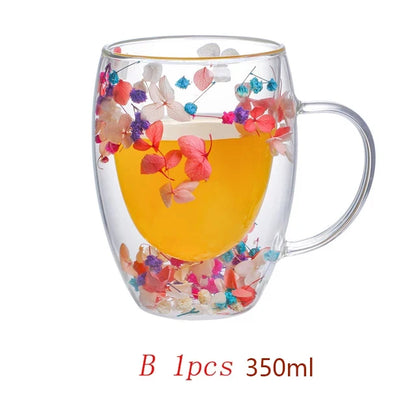 Floral Essence Double-Wall Coffee Mug – Clear Glass Elegance