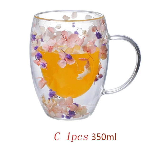 Floral Essence Double-Wall Coffee Mug – Clear Glass Elegance